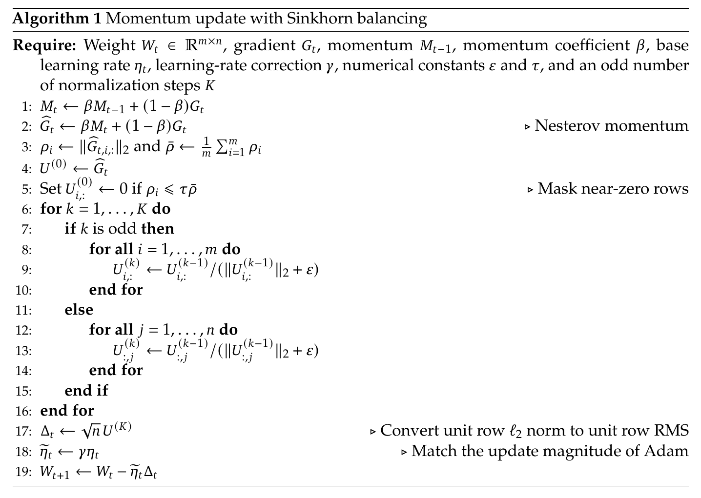 Algorithme 1 du rapport : mise à jour à momentum avec équilibrage de Sinkhorn