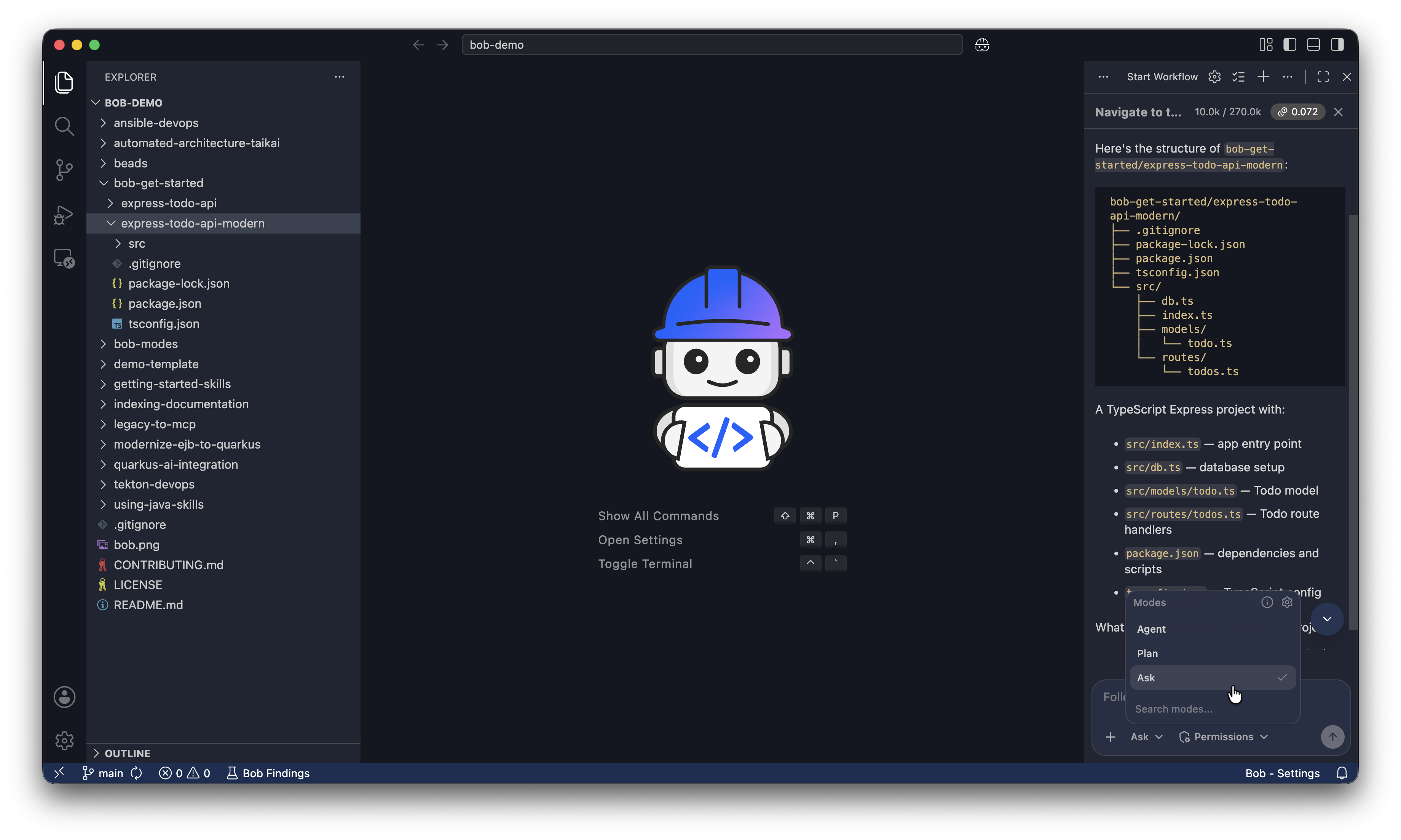 Le menu déroulant de sélection de mode, avec le mode Ask sélectionné.