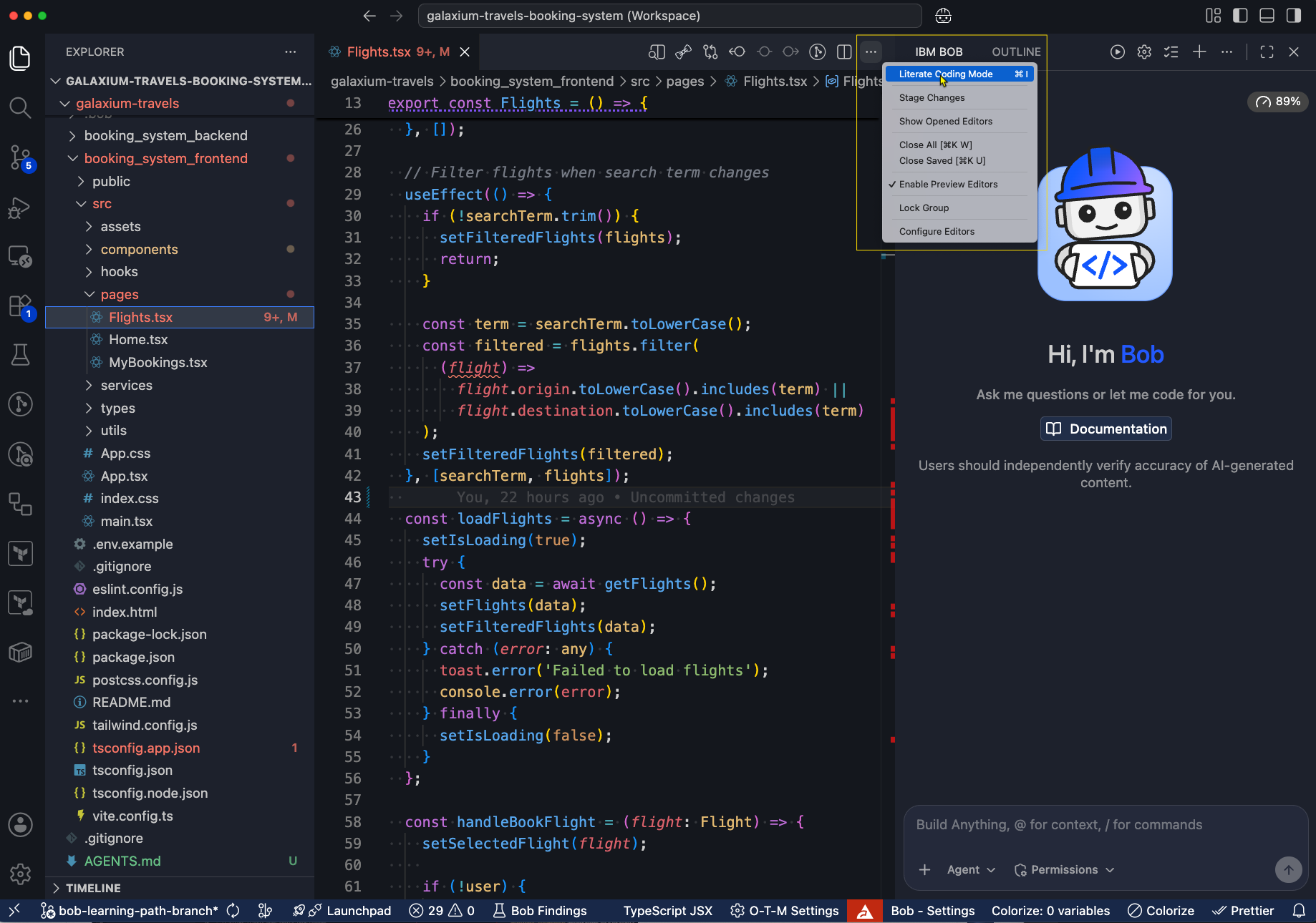 Sélection du mode Literate Coding dans l'éditeur.